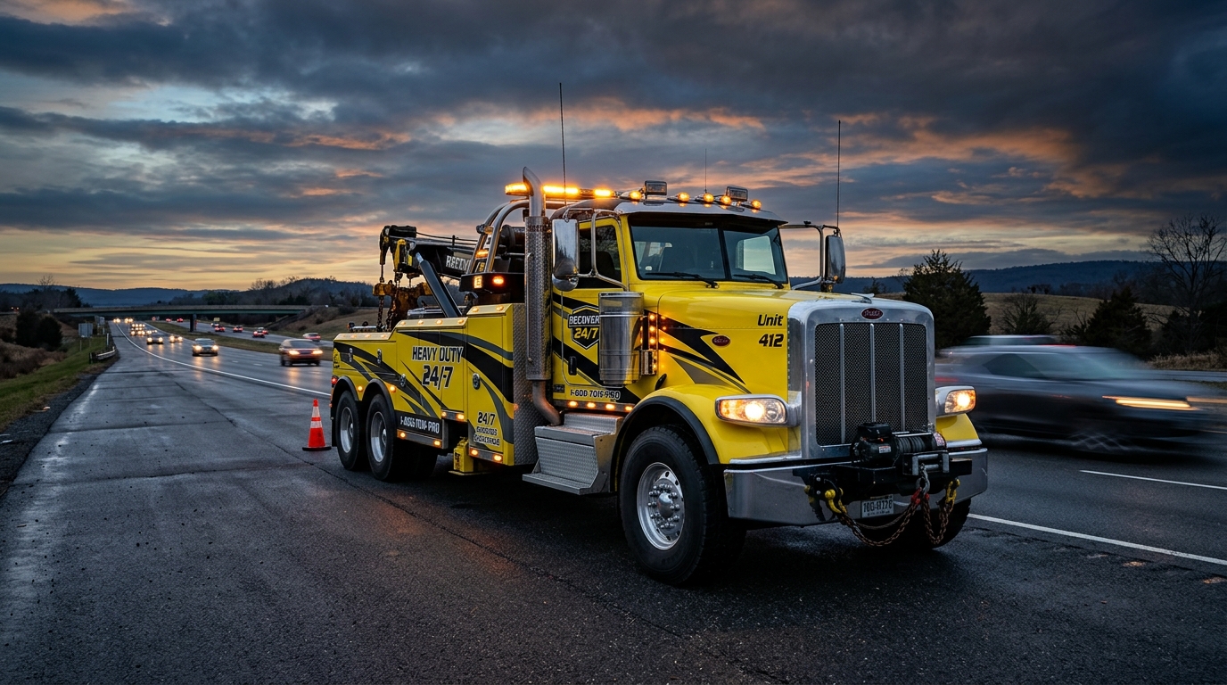 Heavy-duty tow truck on highway